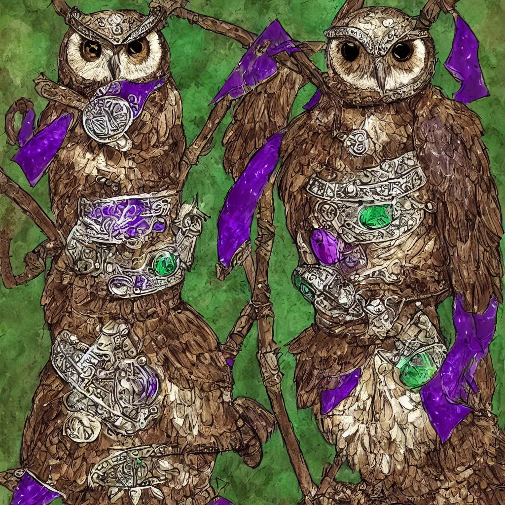 Prompt: A brown owl wearing a viking helmet adorned with a purple crystal, a silver shield and a green tunic. Commission by Juliano Vieira.