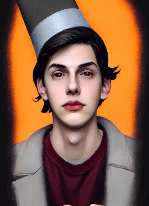 Image similar to portrait of teenage jughead jones wearing a light grey crown, crown, hamburger background, eyes closed, crown, black hair, orange, intricate, elegant, glowing lights, warm lighting, highly detailed, digital painting, artstation, concept art, smooth, sharp focus, illustration, art by wlop, mars ravelo and greg rutkowski