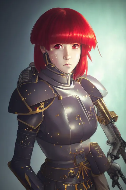 Image similar to portrait of Anime sister of battle, Warhammer 40000, cute-fine-face, red-short-hair pretty face, realistic shaded Perfect face, fine details. Anime. realistic shaded lighting by Ilya Kuvshinov katsuhiro otomo ghost-in-the-shell, magali villeneuve, artgerm, rutkowski, WLOP Jeremy Lipkin and Giuseppe Dangelico Pino and Michael Garmash and Rob Rey