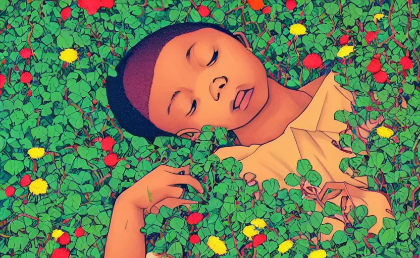 Prompt: african boy lying down in a colourful garden - wrapped in flower vines, art by james jean & hsiao - ron cheng, colourful, sharp, detailed, digital painting, illustration, intricate detail, pinterest, behance, art station,