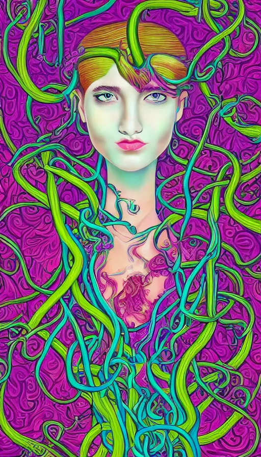 Prompt: very detailed portrait of a 2 0 years old girl surrounded by tentacles, the youg woman visage is blooming from fractal and vines, by lisa frank,