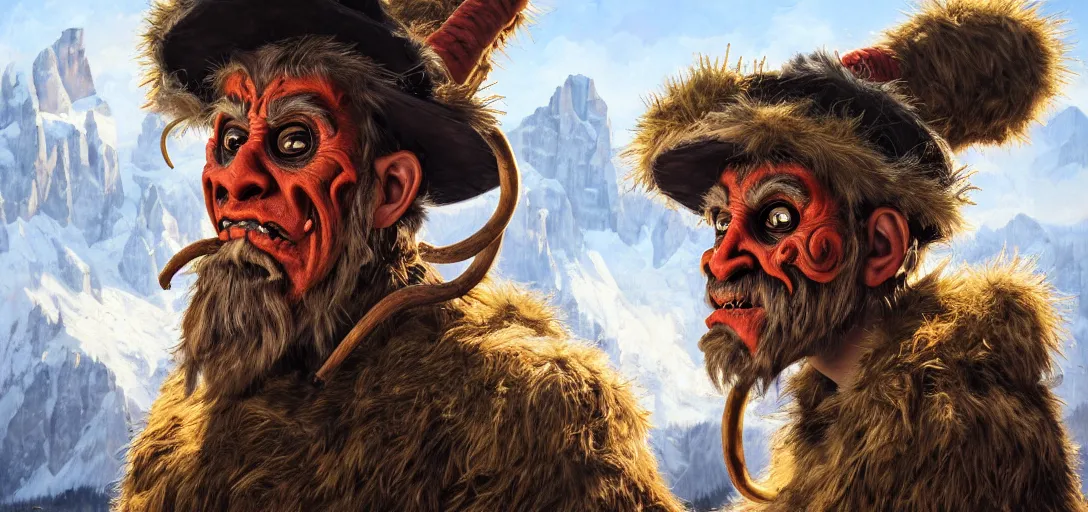 Prompt: a portrait of a tyrolean krampus mask wearing farmer , bavarian hat, dolomites in the background, illustration, soft lighting, soft details, painting oil on canvas by mark arian by artgerm, trending on artstation, 4k, 8k, HD