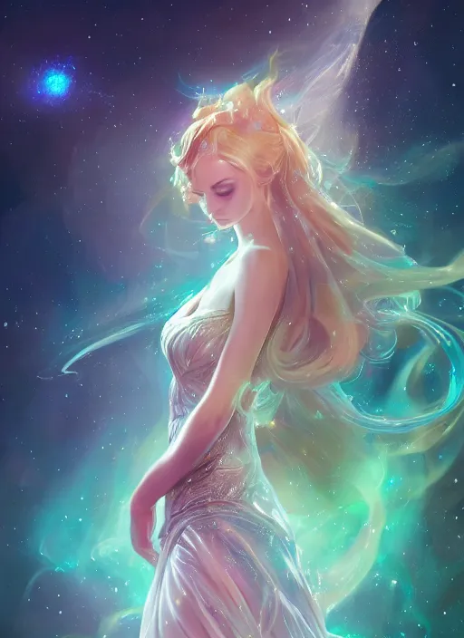 Prompt: a highly detailed illustration of elegant goddess wearing cosmic dress, elegant floating pose, beautiful detailed figure, nebula background, closed eyes smile expression, intricate, elegant, highly detailed, centered, digital painting, artstation, concept art, smooth, sharp focus, league of legends concept art, wlop