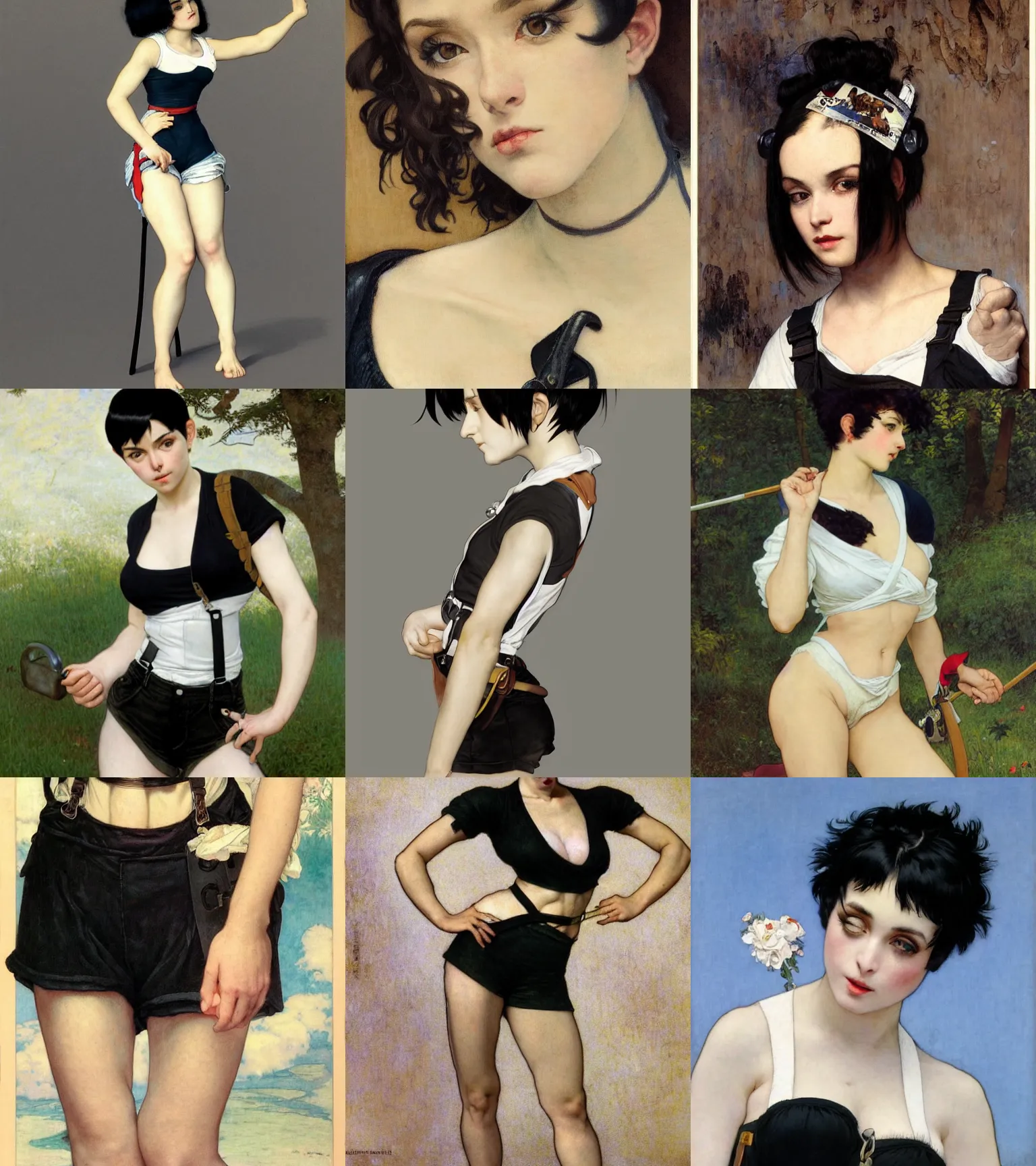 Prompt: a woman with black hair pixie cut in shorts with suspenders and white t-shirt drawn by anime, Alexandre Cabanel, norman rockwell, peter paul rubens, maler collier, frank frazetta, alphonse mucha, gustav klimt 4k, unreal 5, DAZ, french noveau, trending on artstation, octane render, hyperrealistic