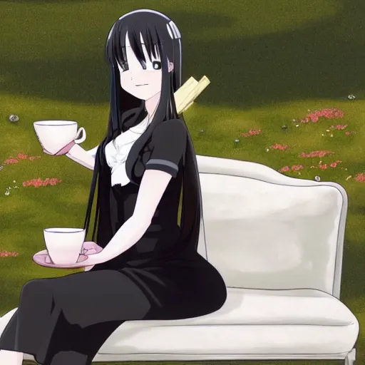 Prompt: A pale skin, long black hair, grey eyes girl wearing a black dress, sitting on a chair in the middle of a garden and holding a tea cup, anime style