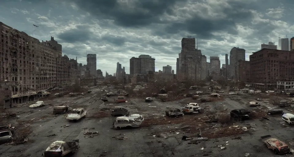 Image similar to wide angle shot of dilapidated zombie - apocalypse new york city in real life, desolate with zombies, dilapidated, zombies on the streets, nightmarish, some rusted style parked vehicles, sunny weather, few clouds, volumetric lighting, photorealistic, daytime, autumn, sharp focus, ultra detailed, cgsociety