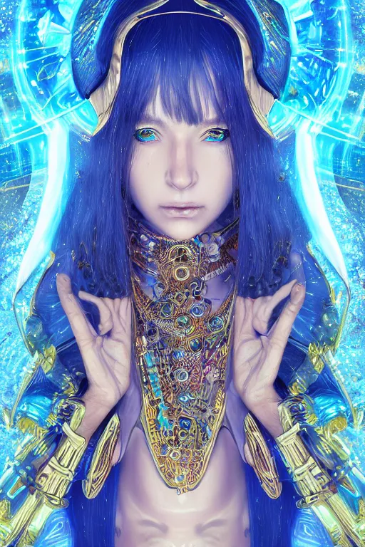 Image similar to Portrait of a psychedelic sci-fi shaman, third person, D&D, sci-fi fantasy, intricate, blue and gold, highly detailed , art by Range Murata, highly detailed, 3d, octane render, bright colors, digital painting, trending on artstation, sharp focus, illustration style of Stanley Artgerm,