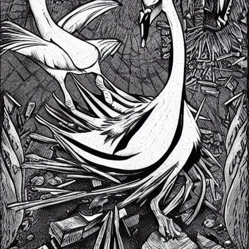 Image similar to evil swan, gritty horror illustration, highly detailed and disturbing