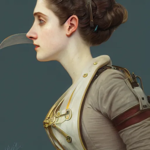 Image similar to portrait of a 1800s young female steampunk fighter, futuristic, headshot, hyper realistic, pale skin, 4k, rule of thirds, extreme detail, detailed drawing, trending artstation, hd, fantasy, D&D, realistic lighting, by Alphonse Mucha, Greg Rutkowski, sharp focus, backlit, elegant