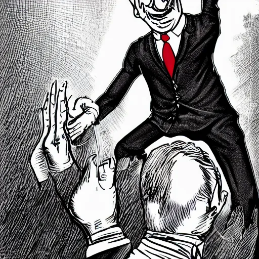 Image similar to mr. rogers being physically overpowered by an evil puppet, detailed horror illustration