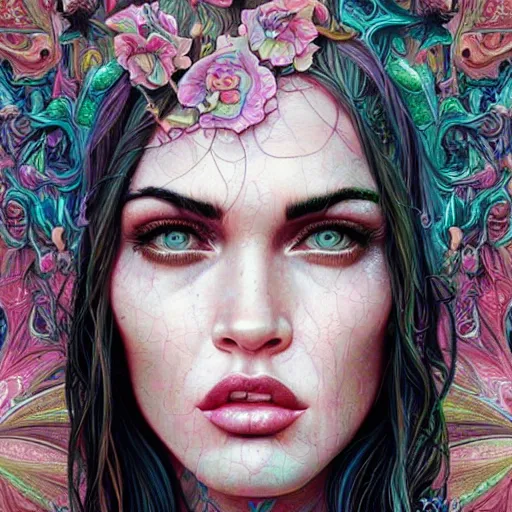 Image similar to portrait of megan fox, hyper detailed masterpiece, neon floral pattern, jean giraud, digital art painting, darkwave goth aesthetic, psychedelic, artgerm, donato giancola and tom bagshaw