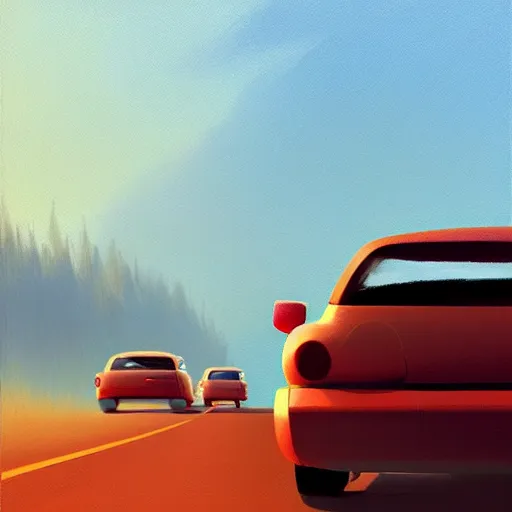 Image similar to goro fujita ilustration rear view of a car equipped with suitcases heading to the forest at sunset, painting by goro fujita, sharp focus, highly detailed, artstation