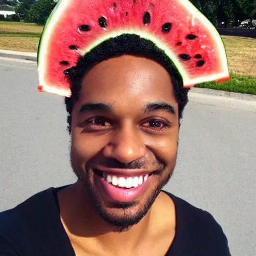 Image similar to black guy with half of a watermelon on his head, selfie photo