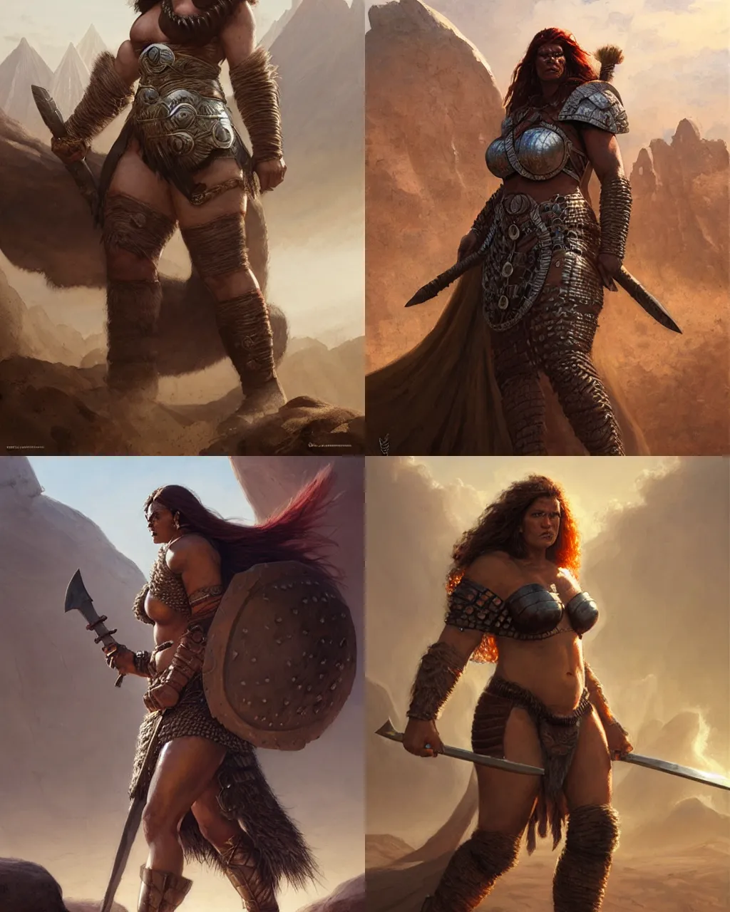 Prompt: a large barbarian woman wearing scale mail, heavy looking, powerful, imposing, by greg rutkowski, giotto, larry elmore, highly detailed, hyperrealistic, dark skin, desert lands, sharp focus, soft lighting, centered, sunlight