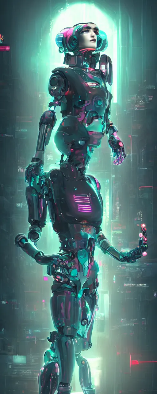 Image similar to a cyberpunk robot geisha sorceress, warcore, sharp focus, detailed, artstation, concept art, 3 d + digital art, wlop style, biopunk, neon colors, futuristic, neon noire, moody