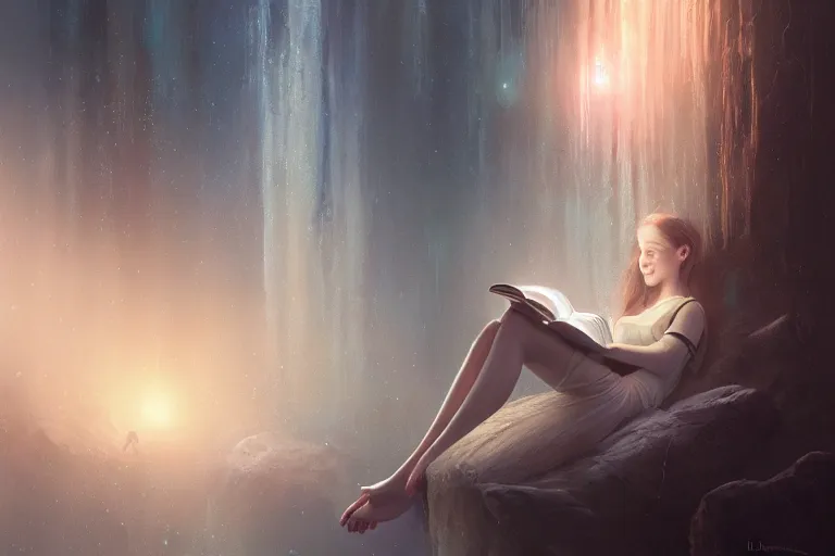 Image similar to breathe into euphoria, a girl reading a book, altered carbon, dreamy ethereal vibe, atmospheric, detailed intricate render, fibbonacci, detailed illustration, hd, 4 k, digital art, overdetailed art, surrealistic, by greg rutkowski, by loish, laura sava, slavic traditional trending on artstation, deviantart