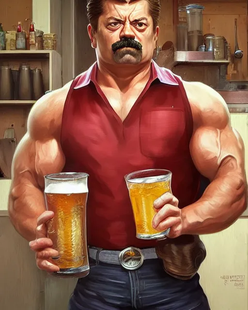 Image similar to gigachad ron swanson bodybuilder holding a pint of beer in final fight kitchen by ilya kuvshinov, ernest khalimov body by krista sudmalis, fantasy character portrait, ultra realistic, concept art, intricate details, elegent, digital painting, smooth, sharp focus, illustration, art by artgerm and greg rutkowski and alphonse mucha, artstation