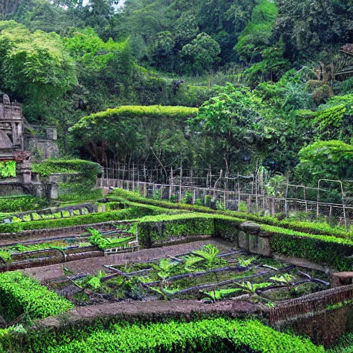 Prompt: highly detailed vegetable garden las pozas, lots of leaves, fence line, detailed. rule of thirds. intricate. sharp focus. wide angle. unreal engine 8 k. painting, wlop, cinematographer jom jarmusch, film noir.