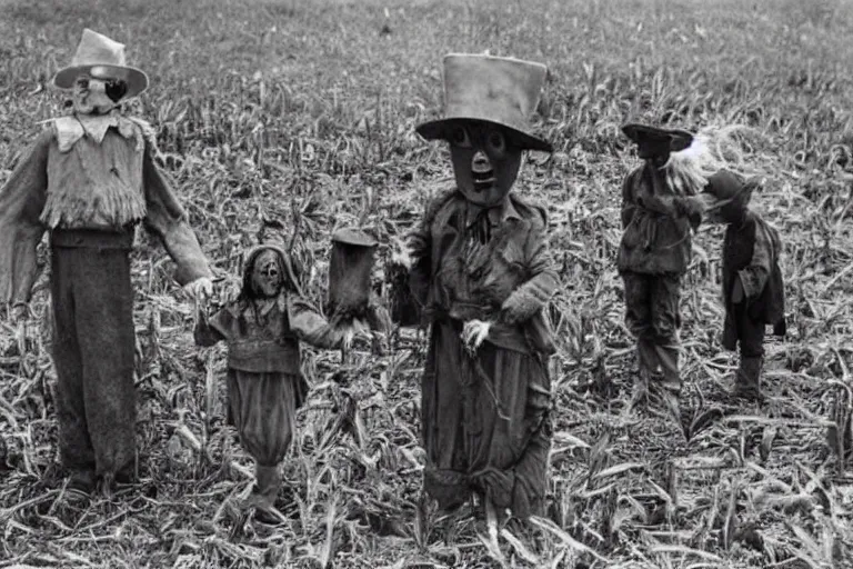 Image similar to disturbing scarecrow from the early 1 9 0 0's leading children into the cornfields