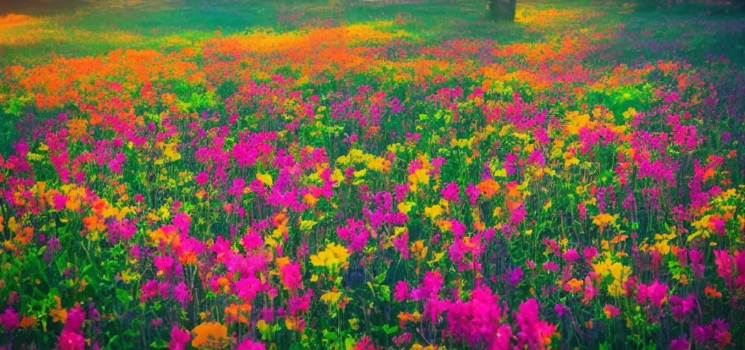 Image similar to an impossible field of beautiful neon colored flowers with a beautiful sunset, vaporwave