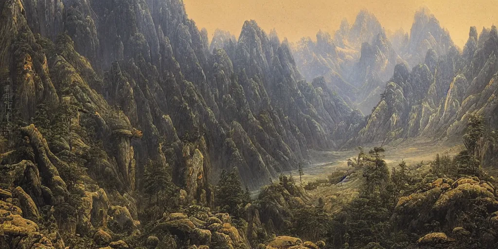 Prompt: Intricate mountainous landscape in the depths of China by Ivan Shishkin