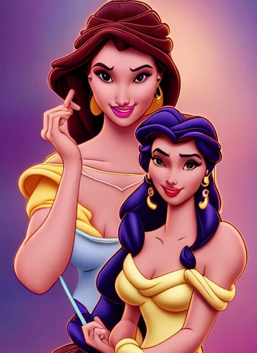 Image similar to gorgeous disney princess jasmine and princess belle, professionally retouched, muted colors, soft lighting, realistic, smooth face, full body shot, torso, dress, perfect eyes, sharp focus on eyes, 8 k, high definition, insanely detailed, intricate, elegant, art by j scott campbell and artgerm