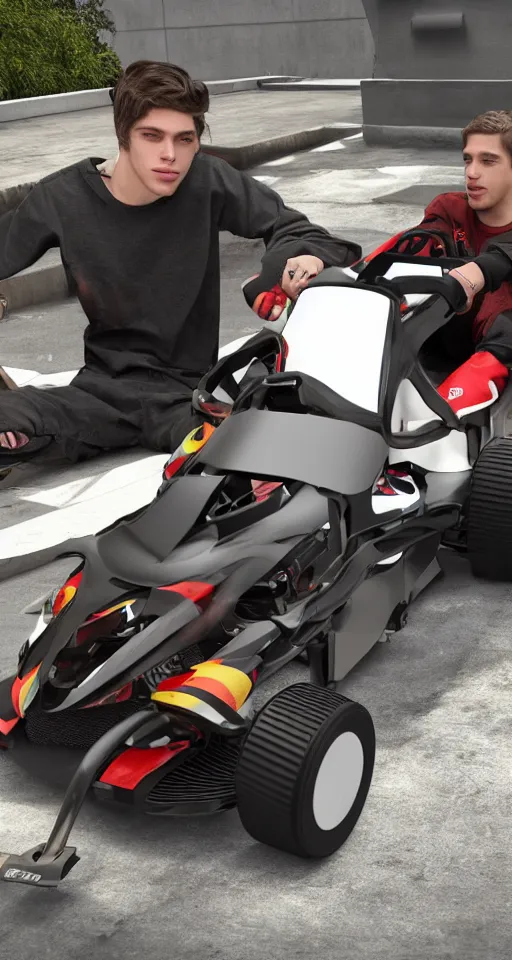 Prompt: pete a davidson and kanye west lovingly share a go kart, hdr, 8 k, bokeh, photorealistic, hyperrealistic, volumetric lighting, octane render