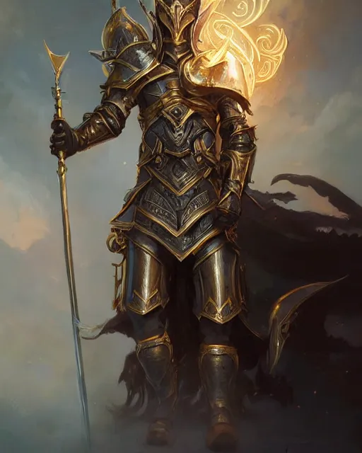 Prompt: Highly detailed Champion paladin in black gold intricate and ornate armor, unreal engine, fantasy art by peter mohrbacher, Greg Rutkowski, Loish, Rhads, radiant halo of light