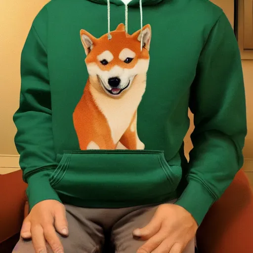 Image similar to a Shiba Inu wearing a green hoodie sitting on a couch, photo, trending on artstation, HDR, nicely detailed, 8k