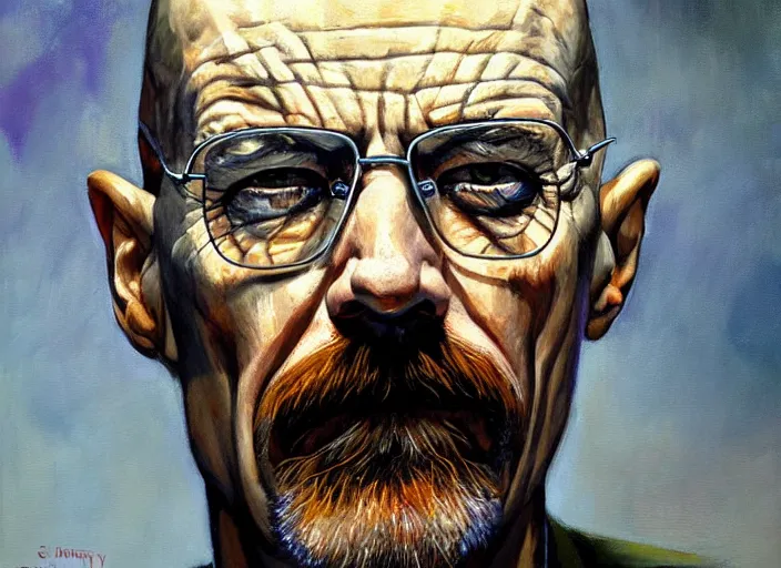 Image similar to a highly detailed beautiful portrait of walter white as the joker, by gregory manchess, james gurney, james jean