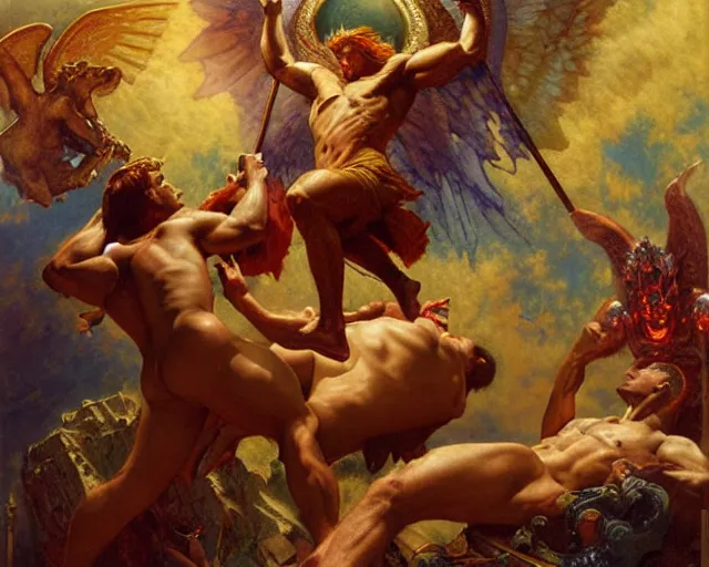 Image similar to lavish male deity, casting demonic magic, summoning ( muscular ) lucifer morning star, as they battle over the earthly realm, highly detailed painting by gaston bussiere, craig mullins, j. c. leyendecker, tom of finland