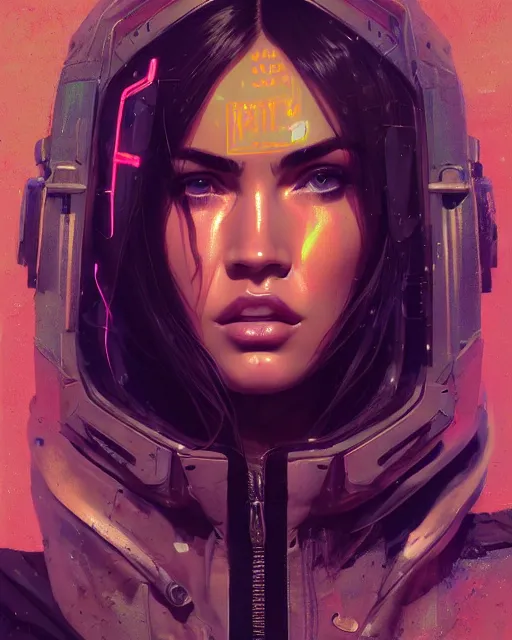 Image similar to detailed portrait Megan Fox Neon Operator Girl, cyberpunk futuristic neon, reflective puffy coat, decorated with traditional Japanese ornaments by Ismail inceoglu dragan bibin hans thoma greg rutkowski Alexandros Pyromallis Nekro Rene Maritte Illustrated, Perfect face, fine details, realistic shaded, fine-face, pretty face