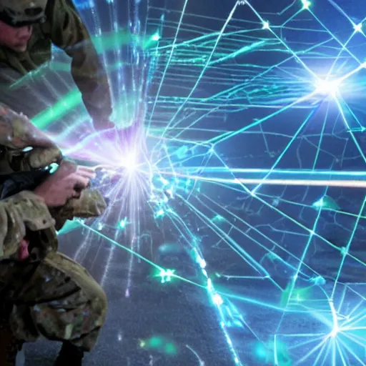 Image similar to U.S. military men in a battle using holographic warrrfare and electronic psychotronic laser devices