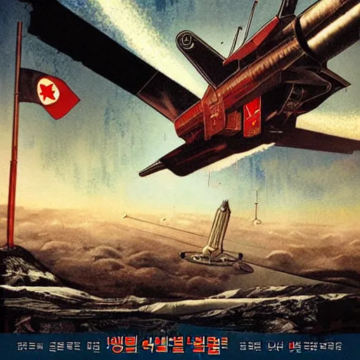 Image similar to [North Korean spaceship, poster, very detailed, cinematic lighting, matte, sharp, photography, art by enki bilal]