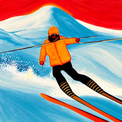 Prompt: a color field painting of bitcoin going skiing