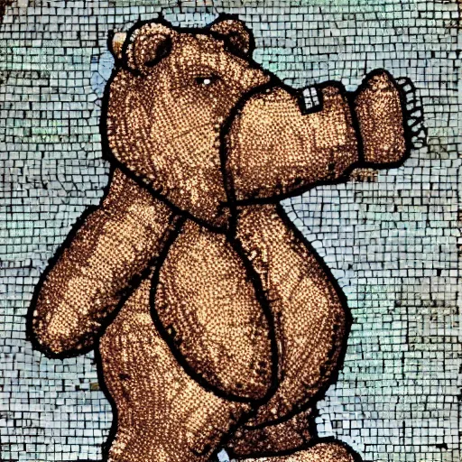 Prompt: a large teddy bear wearing chainmail, on a horse byzantine mosaic
