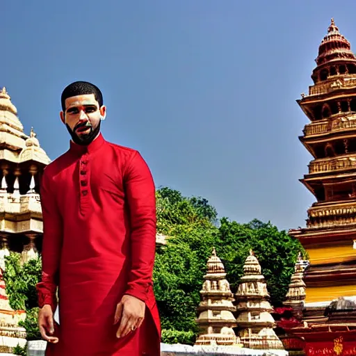 Prompt: drake, hindu temple in background, drake the face enhance, wearing a kurta, photograph