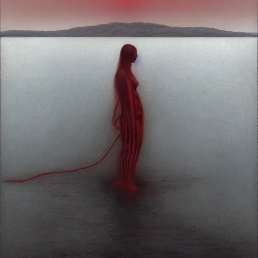 Image similar to shore of the lake, woman, wrapped around by tubes, matrix rain, bones, short black curly hair, glowing red, by edgar maxence and ross tran, zdzisław beksinski, un and michael whelan, distant, gustav dore, h. r. giger, 8 k, octane render