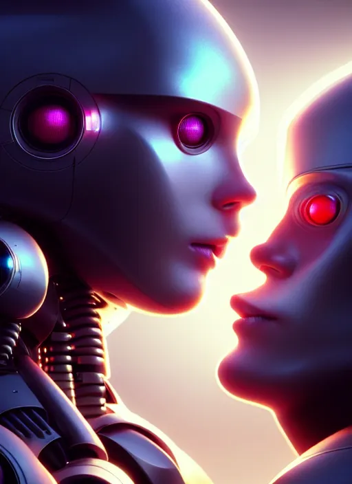 Prompt: ultra realistic close - up of a 3 d render beautiful couple of robots kissing, cyberpunk, sci - fi, fantasy, kodak, flare, octane render, colour led, soft light, volumetric lighting, night, intricate, highly detailed, digital painting, concept art, smooth, sharp focus, illustration, art by artgerm and greg rutkowski and alphonse mucha