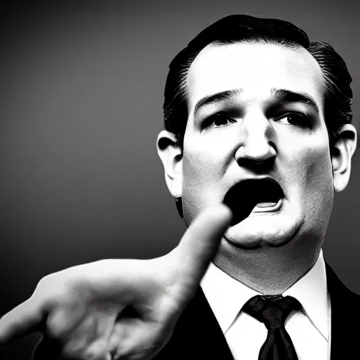 Prompt: Ted Cruz jumpscare, black and white, creepy lighting, scary, horror, ornate, eerie, fear, videogame screenshot