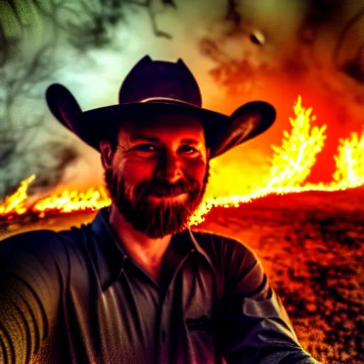 Image similar to a selfie taken by a cowboy in hell, surrounded by fire