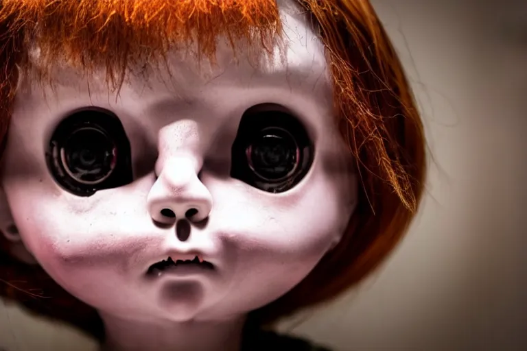 Image similar to a creepy doll with very human eyes staring out at the viewer, horror movie