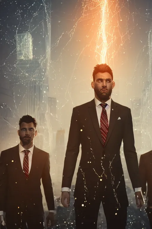 Image similar to A three-headed giant using an expensive business suit and tie, splash art, movie still, cinematic lighting, dramatic, octane render, long lens, shallow depth of field, bokeh, anamorphic lens flare, 8k, hyper detailed, 35mm film grain