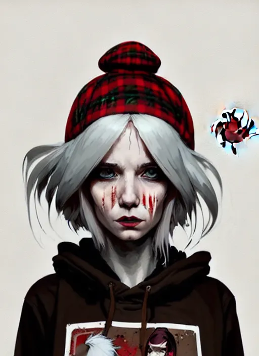 Image similar to highly detailed portrait of a sewer punk canadian lady, tartan hoody, white hair by atey ghailan, by greg rutkowski, by greg tocchini, by james gilleard, by joe fenton, by kaethe butcher, gradient red, brown, blonde cream and white color scheme, grunge aesthetic!!! ( ( graffiti tag wall background ) )