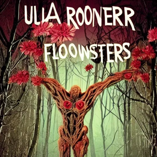 Prompt: ultra realisic creepy long leg monster cover of roten flowers in a dark forest at midnight