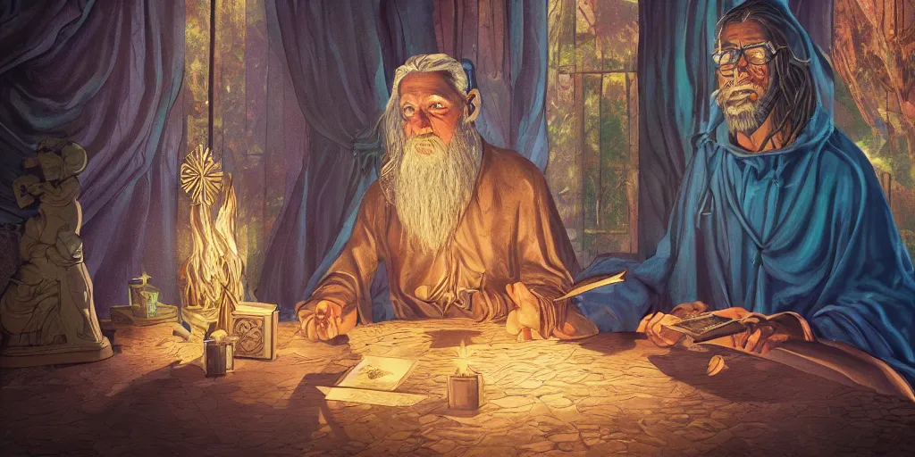 Image similar to wizard performing a tarot reading, cards, fantasy, digital art, soft lighting, 8 k