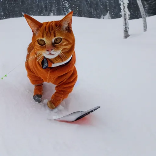 Image similar to an anthropomorphic orange tabby cat skiing