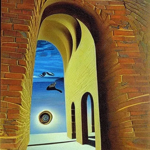 Image similar to a beautiful surrealist painting by salvador dali, I am walking through a brick hallway when suddenly the floor opens up and I start flying!