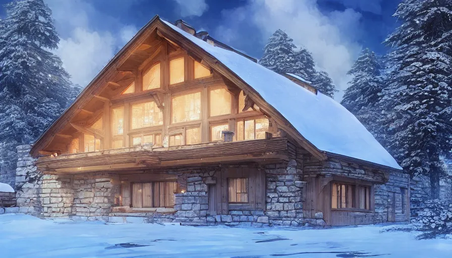 Image similar to A highly detailed matte painting of Modern chalet built in the snowy mountains, by Studio Ghibli, Makoto Shinkai, by Artgerm, by WLOP, by Greg Rutkowski, volumetric lighting, octane render, 4K resolution, trending on artstation, masterpiece