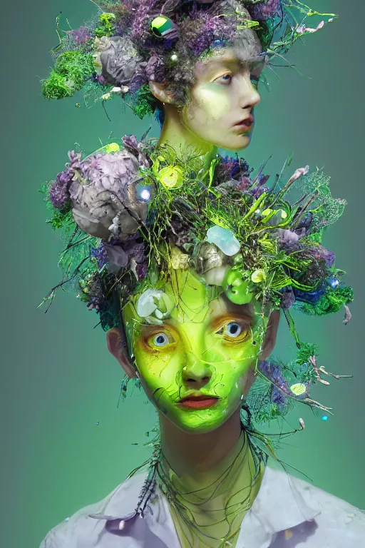 Prompt: nonbinary model, subject made of reflective glass, vine headdress, moss patches, 2 0 mm, with pastel yellow and green dodecahedrons bursting out, melting into leafeon, delicate, beautiful, intricate, houdini sidefx, by jeremy mann and ilya kuvshinov, jamie hewlett and ayami kojima, bold 3 d